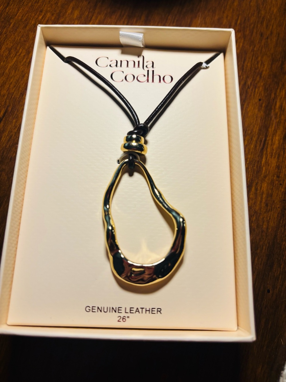 NIB Camila Coelho Gold Teardrop Pendant Necklace - Black Leather Cord